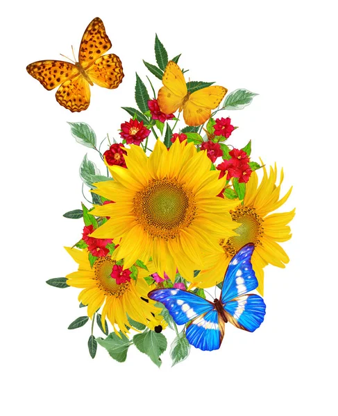 Blütenkomposition Ein Strauß Gelber Sonnenblumen Leuchtend Purpurfarbener Blüten Grüner Blätter — Stockfoto