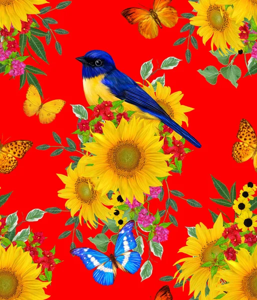 Nahtloses Blumenmuster Blauer Vogel Sitzt Auf Einem Zweig Aus Leuchtend — Stockfoto