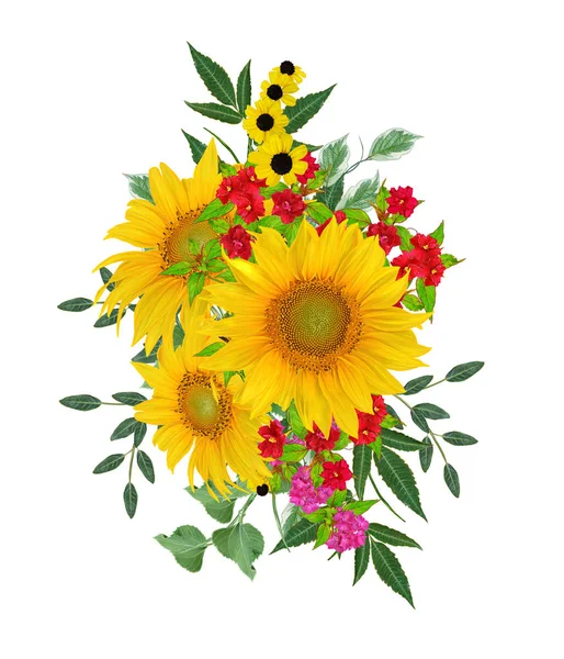 Flower composition. A bouquet of yellow sunflowers, bright crimson flowers, green leaves. Isolated on white background.