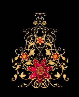 3D render. Altın stilize çiçekler, narin parlak bukleler, desenli öğesi. Dekoratif köşe, desen.