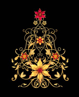 3D render. Altın stilize çiçekler, narin parlak bukleler, desenli öğesi. Dekoratif köşe, desen.