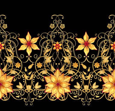 3D render. Altın stilize çiçekler, narin parlak bukleler, desenli öğesi, seamless modeli.