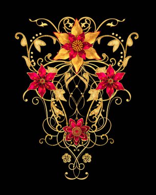 3D render. Altın stilize çiçekler, narin parlak bukleler, desenli öğesi. Dekoratif köşe, desen.