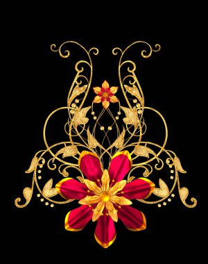 3D render. Altın stilize çiçekler, narin parlak bukleler, desenli öğesi. Dekoratif köşe, desen.