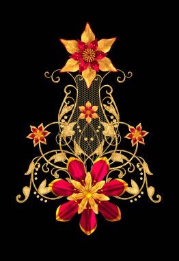 3D render. Altın stilize çiçekler, narin parlak bukleler, desenli öğesi. Dekoratif köşe, desen.