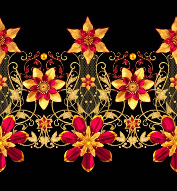 3D render. Altın stilize çiçekler, narin parlak bukleler, desenli öğesi, seamless modeli. Yatay çiçek kenarlık.