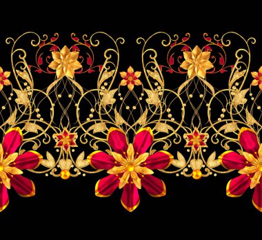 3D render. Altın stilize çiçekler, narin parlak bukleler, desenli öğesi, seamless modeli. Yatay çiçek kenarlık.