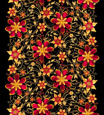 3D render. Altın stilize çiçekler, narin parlak bukleler, desenli öğesi, seamless modeli.