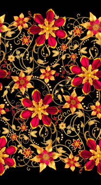 3D render. Altın stilize çiçekler, narin parlak bukleler, desenli öğesi, seamless modeli. Yatay çiçek kenarlık.