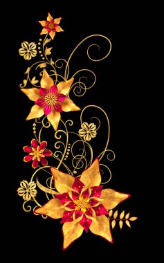 3D render. Altın stilize çiçekler, narin parlak bukleler, desenli öğesi. Dekoratif köşe, desen.