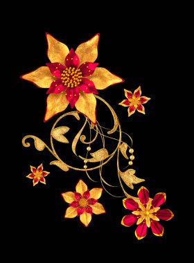 3D render. Altın stilize çiçekler, narin parlak bukleler, desenli öğesi. Dekoratif köşe, desen.