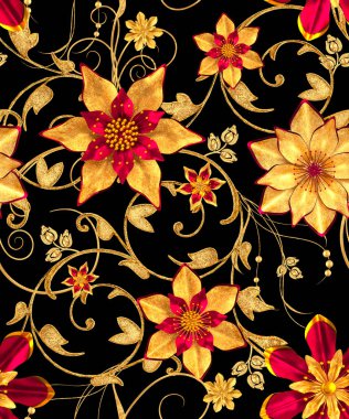 3D render. Altın stilize çiçekler, narin parlak bukleler, desenli öğesi, seamless modeli.