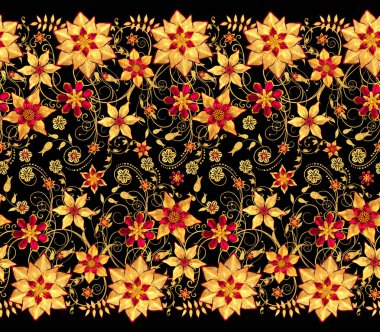 3D render. Altın stilize çiçekler, narin parlak bukleler, desenli öğesi, seamless modeli, çiçek sınır.