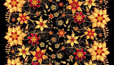 3D render. Altın stilize çiçekler, narin parlak bukleler, desenli öğesi, seamless modeli. Dikey çiçek kenarlık.