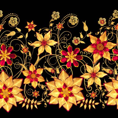 3D render. Altın stilize çiçekler, narin parlak bukleler, desenli öğesi, seamless modeli. Yatay çiçek kenarlık.