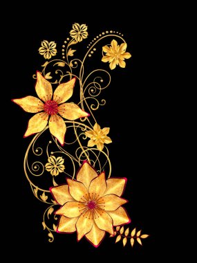 3D render. Altın stilize çiçekler, narin parlak bukleler, desenli öğesi. Dekoratif köşe, desen.