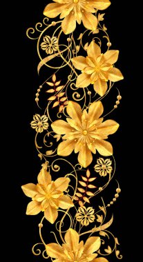 3D render. Altın stilize çiçekler, narin parlak bukleler, desenli öğesi, seamless modeli. Dikey çiçek kenarlık.