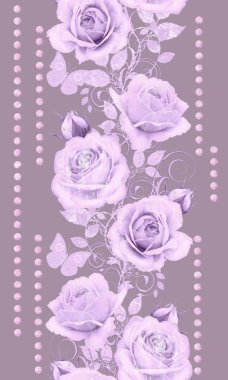 Seamless modeli. Dekoratif dekorasyon, desenli eleman, hassas dokulu yaprak güzel dantel ve inci yapılmış. Parlak bukleler, bud pastel pembe Gül jeweled. Hassas dokuma Ajur.