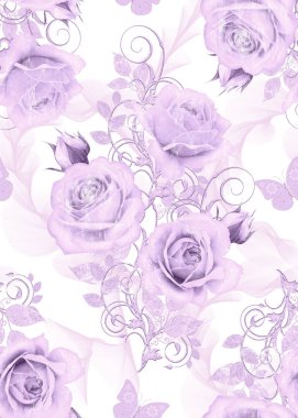 Seamless modeli. Dekoratif dekorasyon, desenli eleman, hassas dokulu yaprak güzel dantel ve inci yapılmış. Parlak bukleler, bud pastel pembe Gül jeweled. Hassas dokuma Ajur.