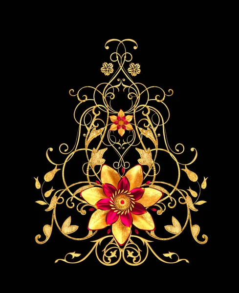 Renderowania Golden Stylizowane Kwiaty Delikatne Lśniące Loki Paisley Element Dekoracyjną — Zdjęcie stockowe