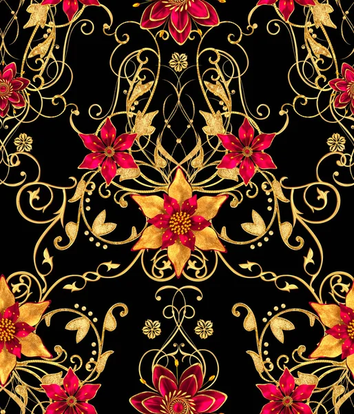 Rendering Golden Stylized Flowers Delicate Shiny Curls Paisley Element Seamless — Stock Photo, Image