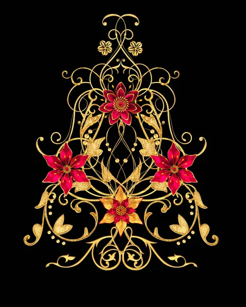 3D render. Altın stilize çiçekler, narin parlak bukleler, desenli öğesi. Dekoratif köşe, desen.