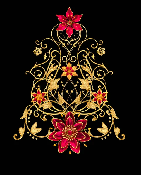 Renderowania Golden Stylizowane Kwiaty Delikatne Lśniące Loki Paisley Element Dekoracyjną — Zdjęcie stockowe