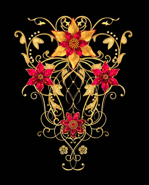 3D render. Altın stilize çiçekler, narin parlak bukleler, desenli öğesi. Dekoratif köşe, desen.