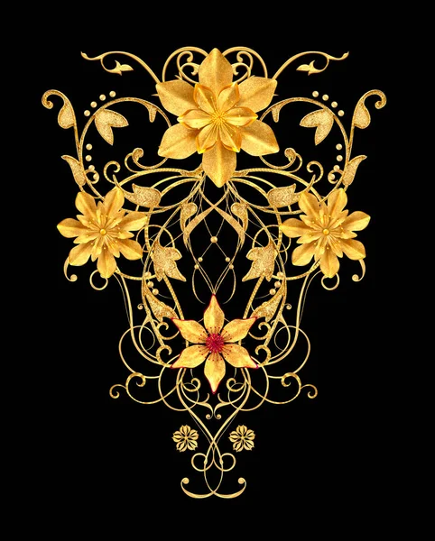 3D render. Altın stilize çiçekler, narin parlak bukleler, desenli öğesi. Dekoratif köşe, desen.