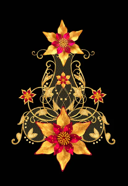 Vykreslování Zlatý Stylizované Květy Jemné Lesklé Kadeře Paisley Prvek Dekorační — Stock fotografie