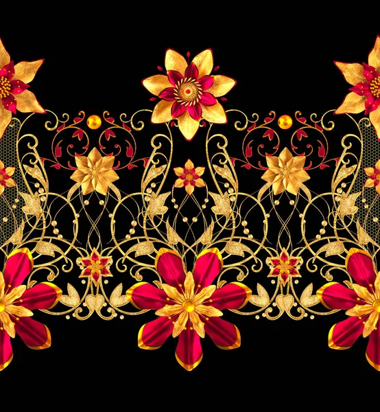 Rendering Golden Stiliserade Blommor Fina Blanka Lockar Paisley Element Sömlösa — Stockfoto