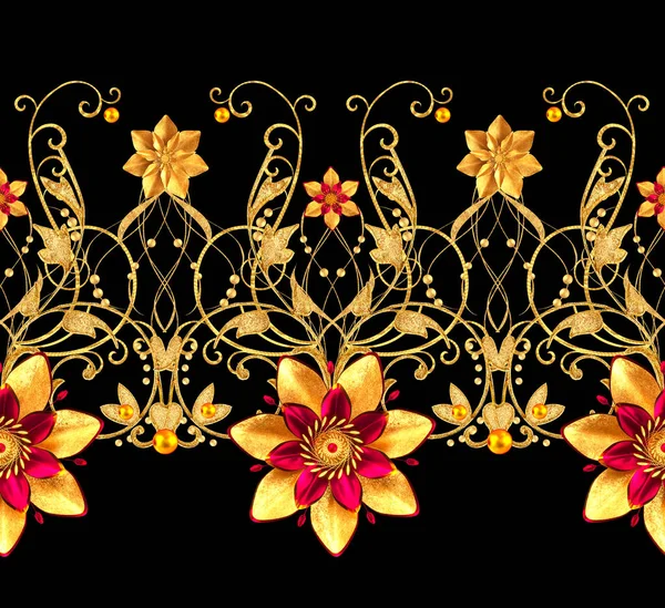 3D render. Altın stilize çiçekler, narin parlak bukleler, desenli öğesi, seamless modeli. Yatay çiçek kenarlık.