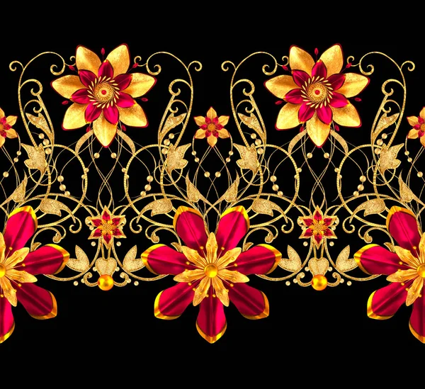 3D render. Altın stilize çiçekler, narin parlak bukleler, desenli öğesi, seamless modeli. Yatay çiçek kenarlık.