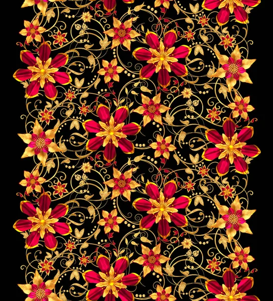 3D render. Altın stilize çiçekler, narin parlak bukleler, desenli öğesi, seamless modeli.