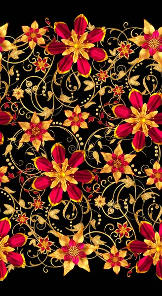 3D render. Altın stilize çiçekler, narin parlak bukleler, desenli öğesi, seamless modeli. Yatay çiçek kenarlık.