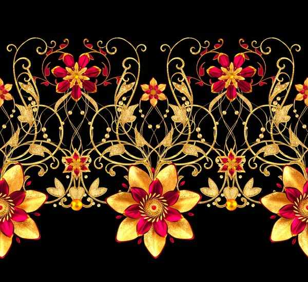 3D render. Altın stilize çiçekler, narin parlak bukleler, desenli öğesi, seamless modeli.