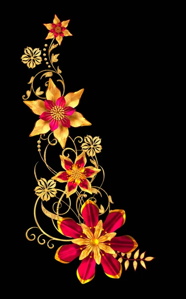 3D render. Altın stilize çiçekler, narin parlak bukleler, desenli öğesi. Dekoratif köşe, desen.