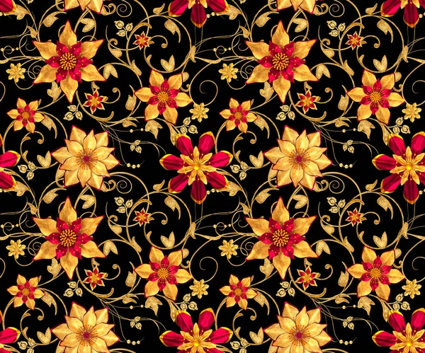 Vykreslování Zlatý Stylizované Květy Jemné Lesklé Kadeře Paisley Prvek Vzor — Stock fotografie