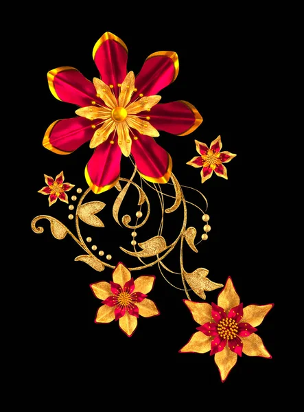 3D render. Altın stilize çiçekler, narin parlak bukleler, desenli öğesi. Dekoratif köşe, desen.