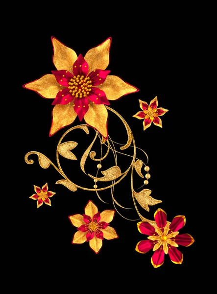 3D render. Altın stilize çiçekler, narin parlak bukleler, desenli öğesi. Dekoratif köşe, desen.