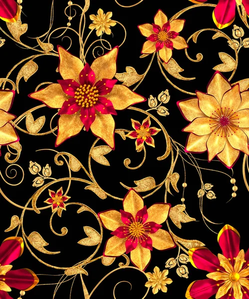 3D render. Altın stilize çiçekler, narin parlak bukleler, desenli öğesi, seamless modeli.