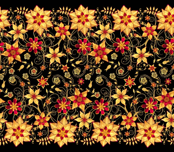 3D render. Altın stilize çiçekler, narin parlak bukleler, desenli öğesi, seamless modeli, çiçek sınır.