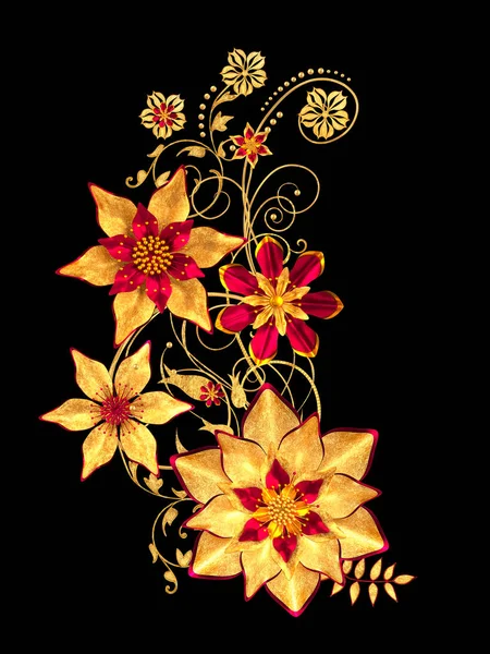 金色风格的花朵 细腻闪亮的卷发 佩斯利元素 装饰角 — 图库照片