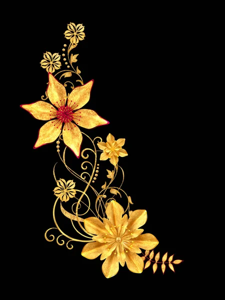 3D render. Altın stilize çiçekler, narin parlak bukleler, desenli öğesi. Dekoratif köşe, desen.