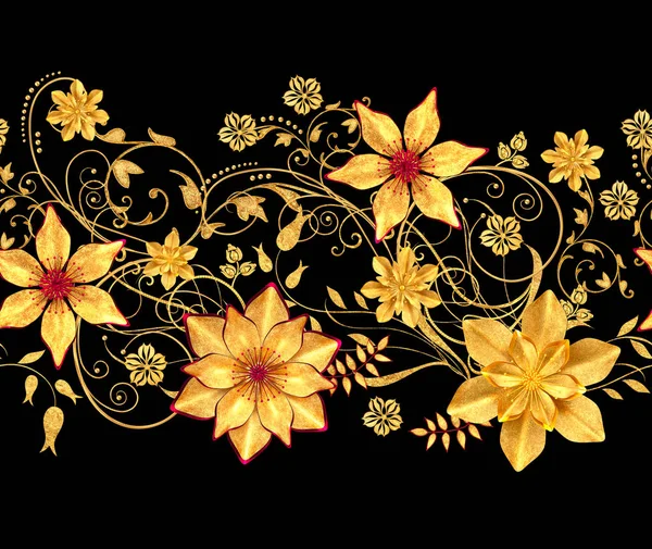 Rendering Gouden Gestileerde Bloemen Delicate Glanzende Krullen Paisley Element Naadloze — Stockfoto