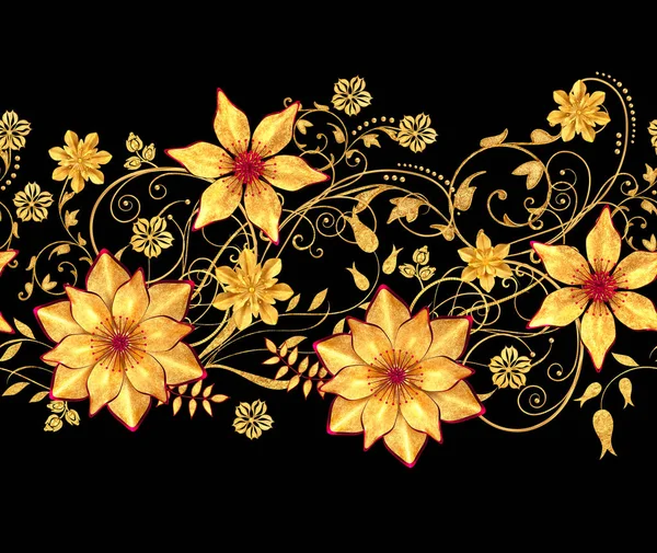 3D render. Altın stilize çiçekler, narin parlak bukleler, desenli öğesi, seamless modeli. Yatay çiçek kenarlık.