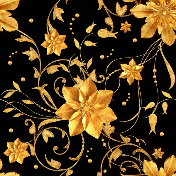 Rendering Golden Stiliserade Blommor Fina Blanka Lockar Paisley Element Sömlösa — Stockfoto