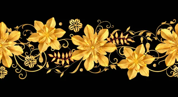 Rendering Golden Stiliserade Blommor Fina Blanka Lockar Paisley Element Sömlösa — Stockfoto