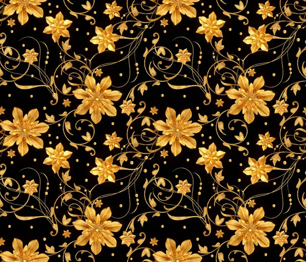 Рендеринг Золотые Стилизованные Цветы Нежные Блестящие Кудри Элемент Пейсли Бесшовный — стоковое фото