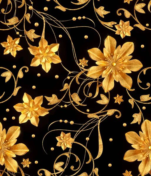 レンダリング 黄金花 繊細な光沢のあるカール ペーズリーの要素 シームレスなパターンを定型化 — ストック写真